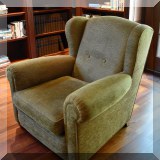 F04. Custom upholstered wing club chair wtih corded brown fabric. 37”h x 36”w x 37”d - $450